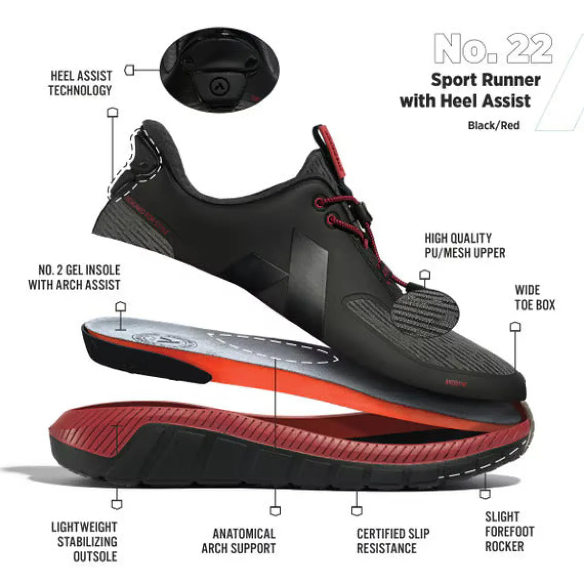 No Hands|Athletic Shoes For Men*XLfeet ANODYNE No. 22 Mens Sport Runner w/ Heel Assist - Black Red