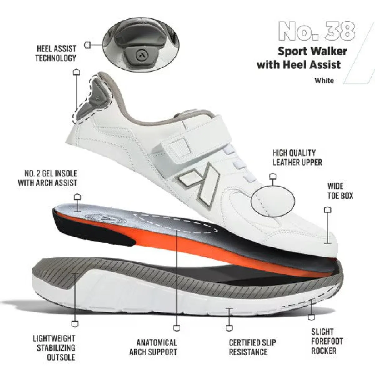 No Hands|Athletic Shoes For Men*XLfeet ANODYNE No. 38 Mens Sport Walker w/ Heel Assist - Black