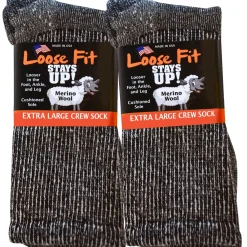 Extra Wide Socks|Crew Socks*XLfeet Loose Fit Marled Merino Wool Crew Socks to 5E - Black - 2pk