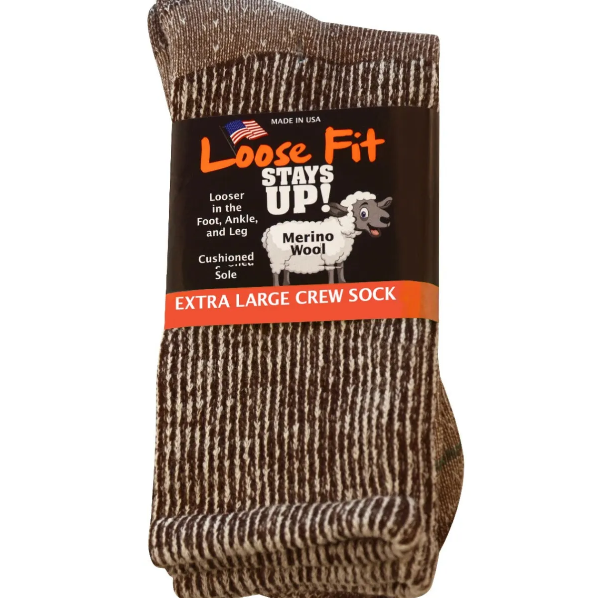 Extra Wide Socks|Crew Socks*XLfeet Inc. Loose Fit Marled Merino Wool Crew Socks to 5E - Brown - 1pr