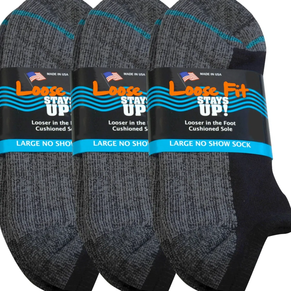 No Show Socks|Postal Approved Socks*XLfeet Inc. Loose Fit Stays Up! Black No Show Socks - 3pack