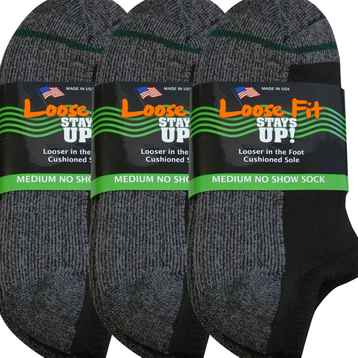No Show Socks|Postal Approved Socks*XLfeet Inc. Loose Fit Stays Up! Black No Show Socks - 3pack