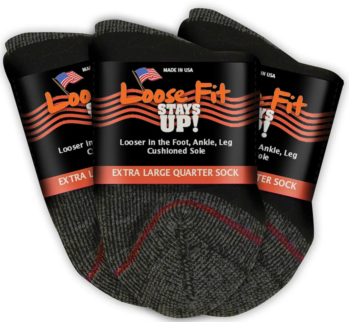 Extra Wide Socks|Quarter Socks*XLfeet Loose Fit Stays Up! Black Quarter Socks to EEEEE - 3pack