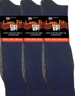 Extra Wide Socks|Crew Socks*XLfeet Inc. Loose Fit Stays Up! Navy Crew Socks to EEEEE - 3pack