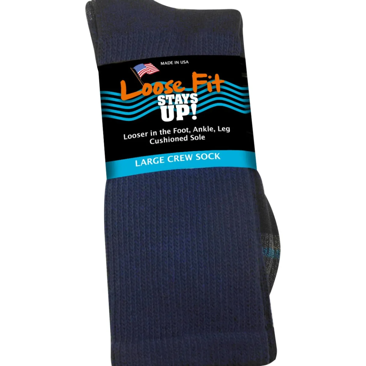 Extra Wide Socks|Crew Socks*XLfeet Inc. Loose Fit Stays Up! Navy Crew Socks to EEEEE - Single Pair