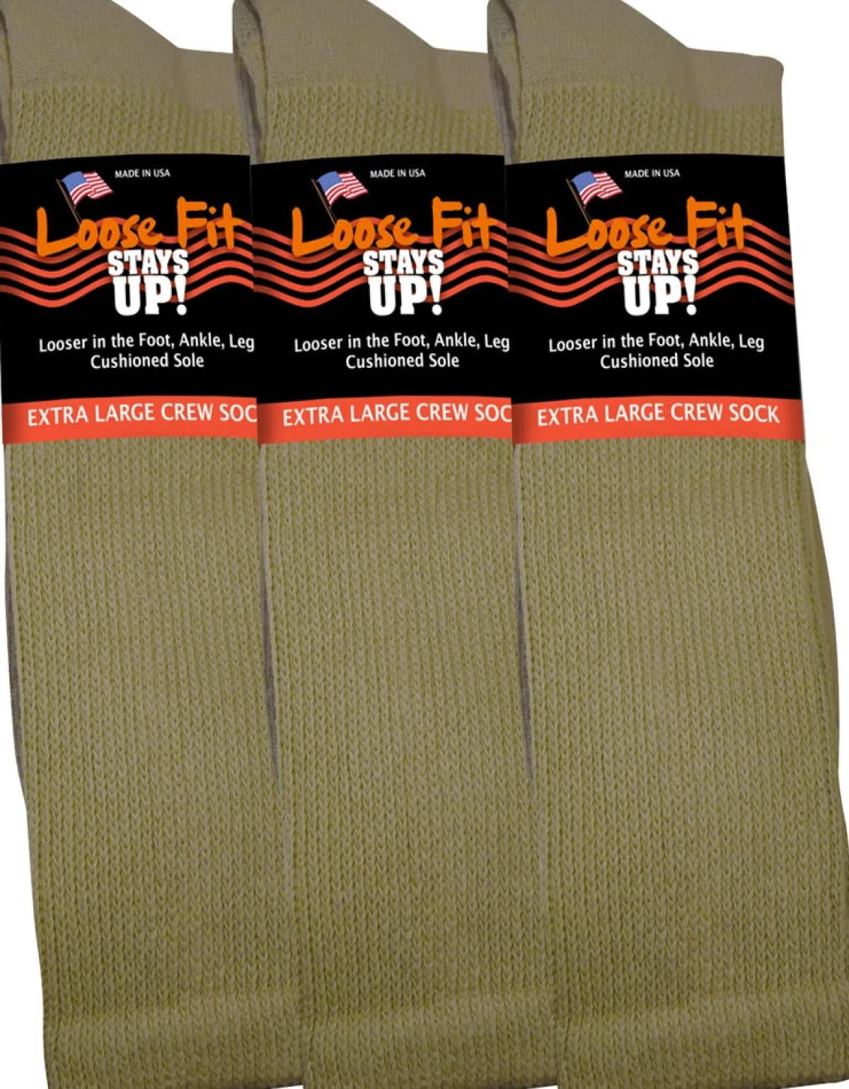 Extra Wide Socks|Crew Socks*XLfeet Inc. Loose Fit Stays Up! Tan Crew Socks to EEEEE - 3pack