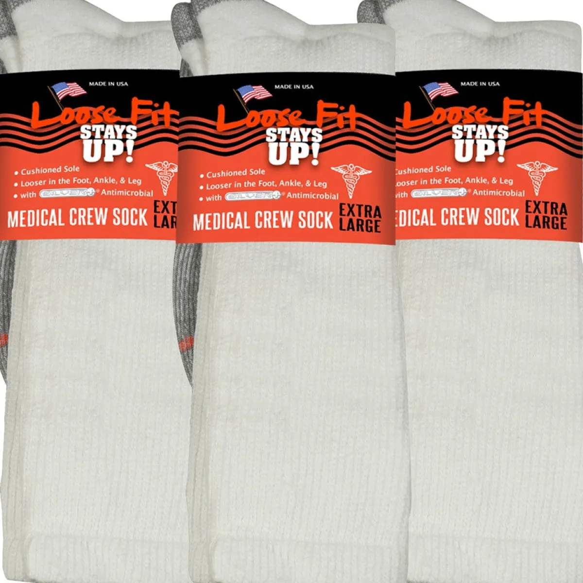 Extra Wide Socks|Crew Socks*XLfeet Inc. Loose Fit Stays Up! White Medical Crew Socks to EEEEE - 3pack